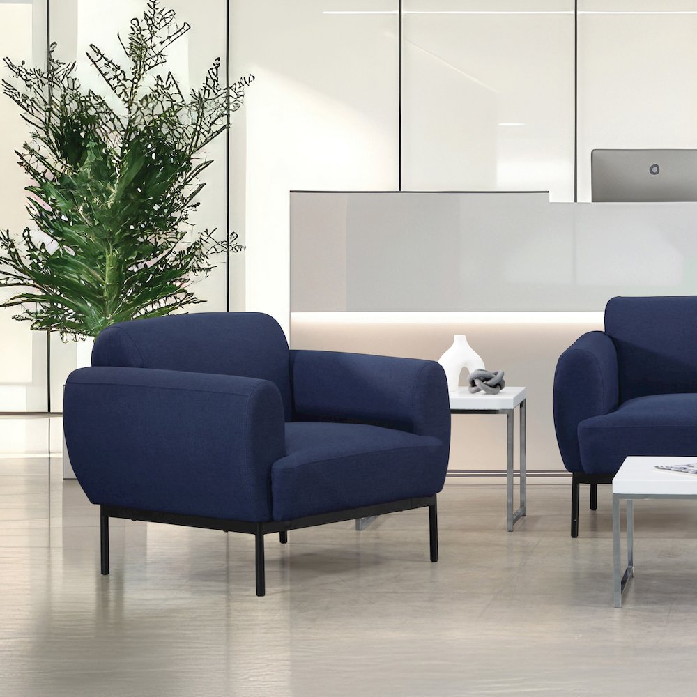 Delta Armchair in Navy Fabric with Black Metal Legs. Picture 7