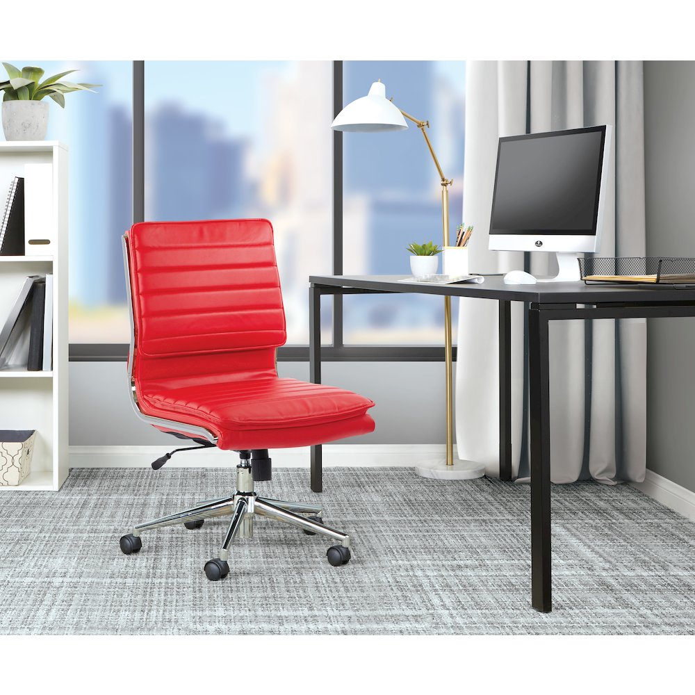 Armless Mid Back Manager's Faux Leather Chair in Red with Chrome Base.. Picture 8
