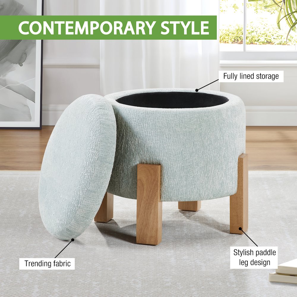 Annie Storage Ottoman in Sky Fabric with Natural Finish Legs. Picture 8