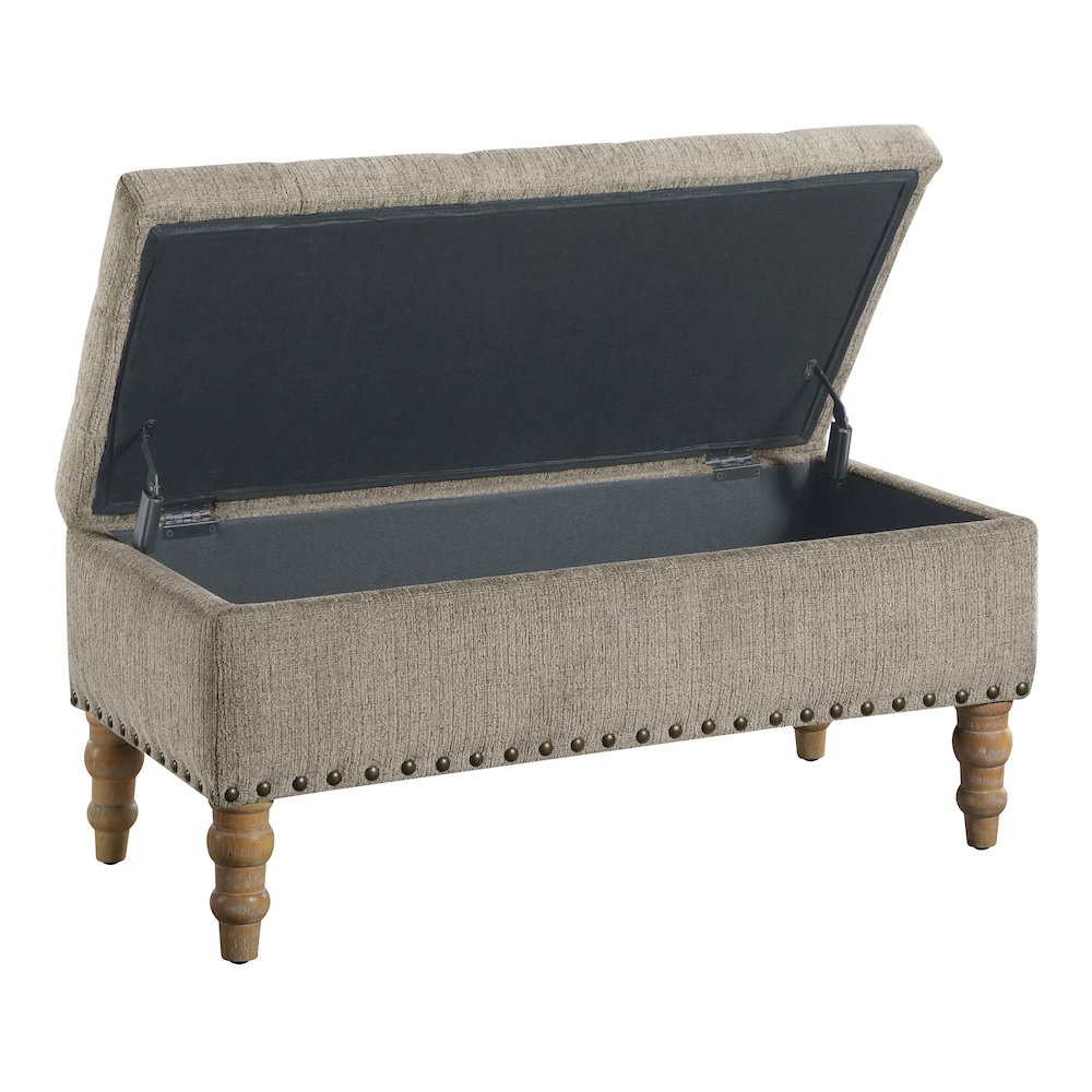 Woodbury Storage Bench In Taupe With Antique Bronze Nail Heads With Brushed Legs. Picture 7