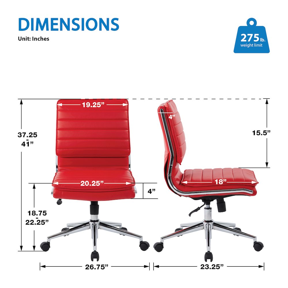 Armless Mid Back Manager's Faux Leather Chair in Red with Chrome Base.. Picture 7
