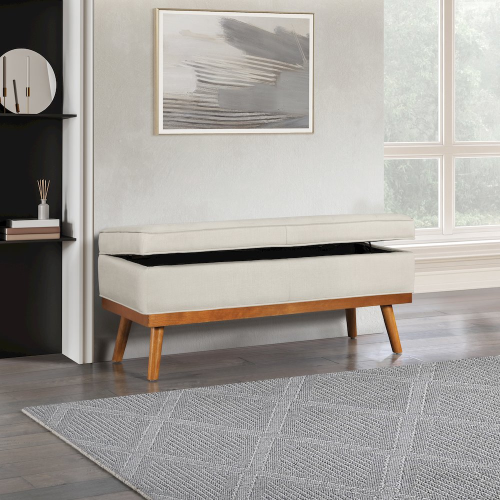 Katheryn Storage Bench in Wheat Fabric with Spice Finish Legs. Picture 7