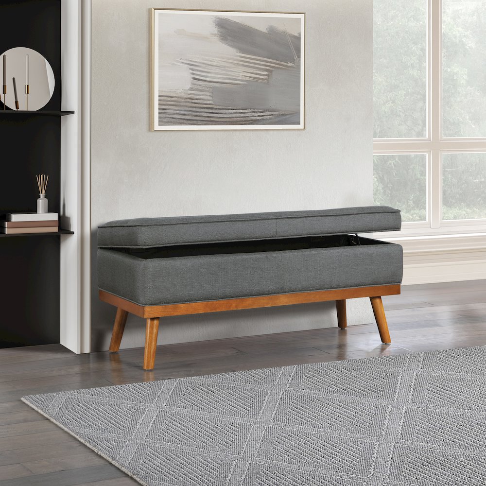 Katheryn Storage Bench in Charcoal Fabric with Spice Finish Legs. Picture 7