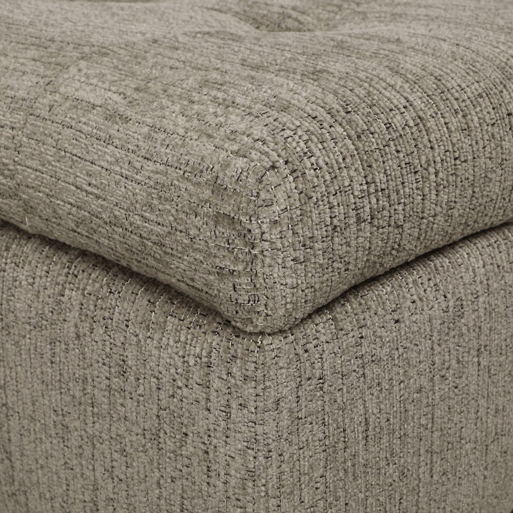 Woodbury Storage Bench In Taupe With Antique Bronze Nail Heads With Brushed Legs. Picture 11