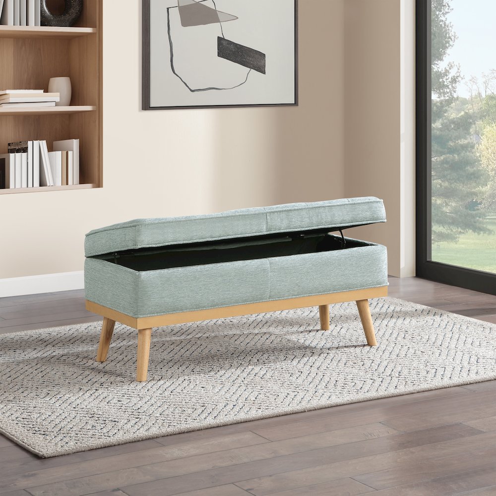 Katheryn Storage Bench in Mist Fabric with National Wood Legs. Picture 9