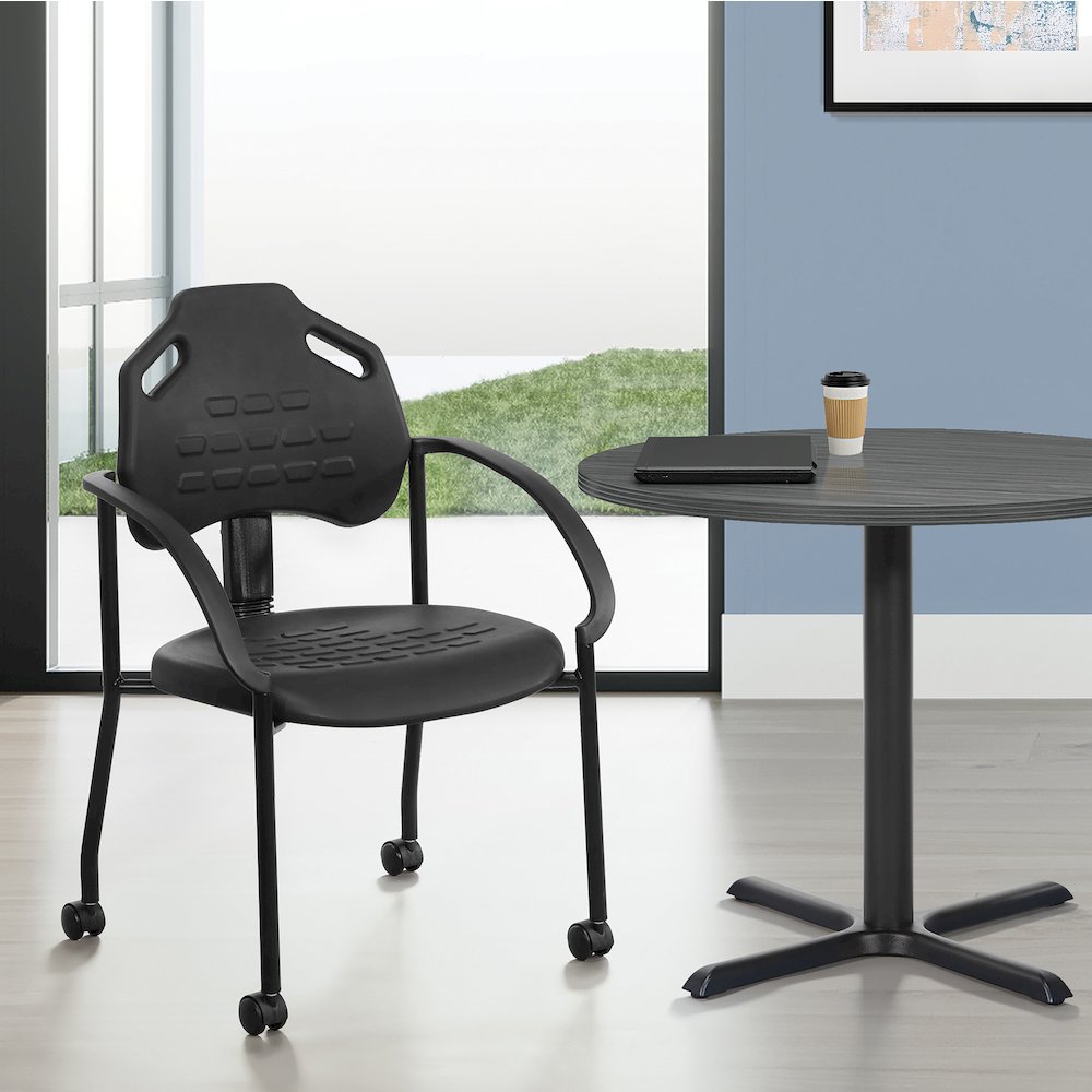 Black Self Skinned Urethane Guest Arm Chair in Black Finish Frame with Casters. Picture 8