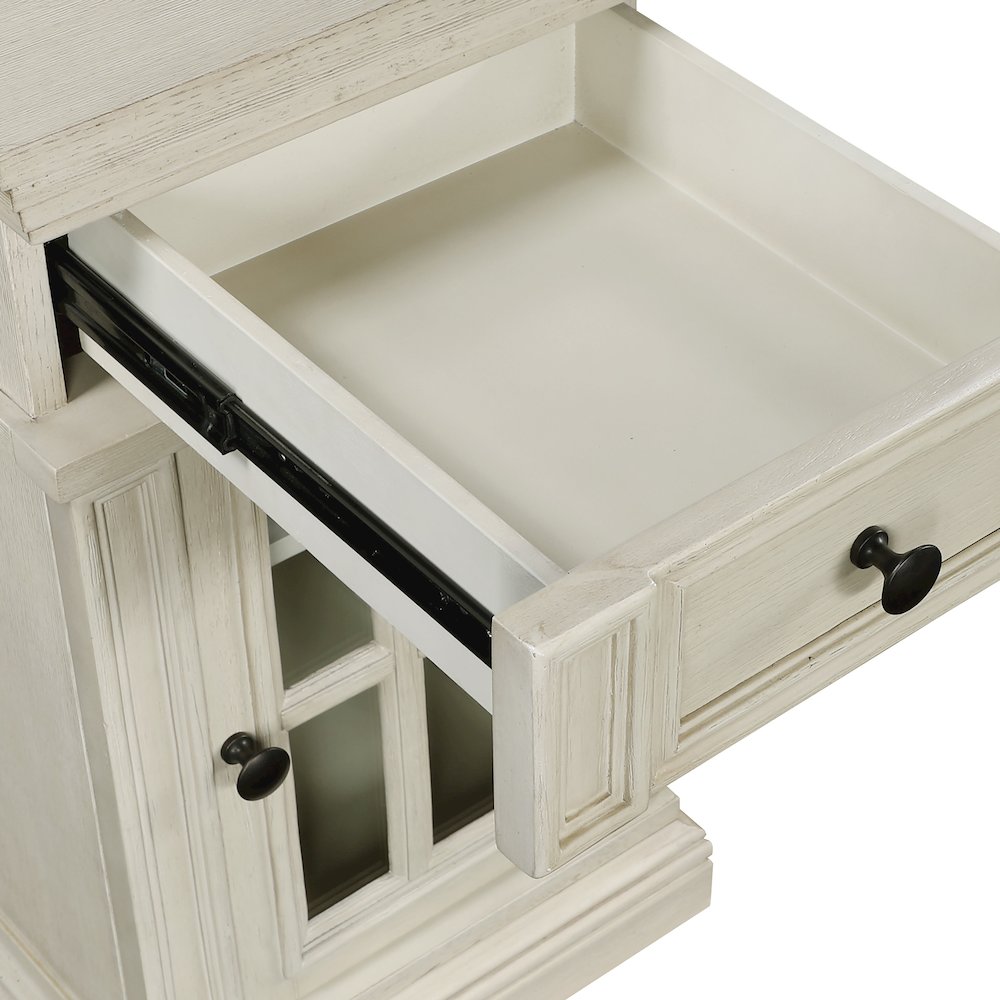 Chair Side Table with 1 Drawer and 1 Glass Door with Power Strip in White Finish. Picture 11