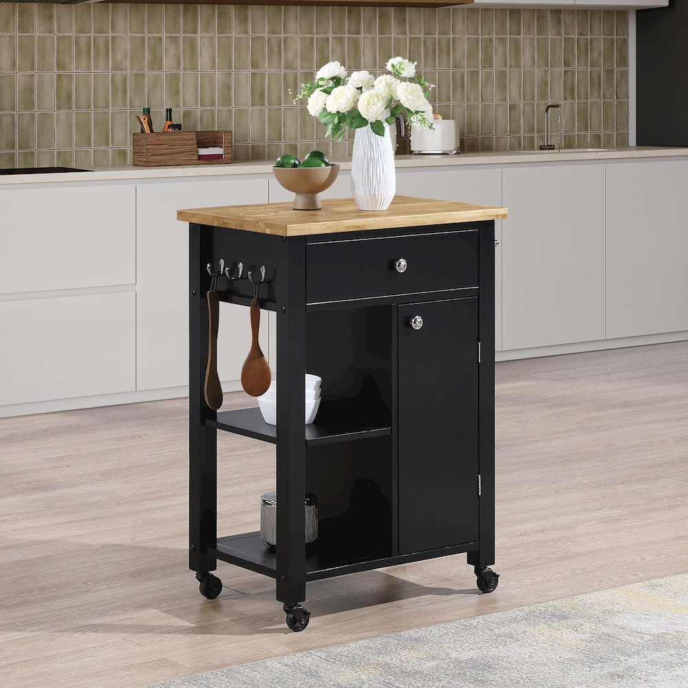 Derry Kitchen Cart with Natural Butcher Block Top With Black Finish. Picture 9