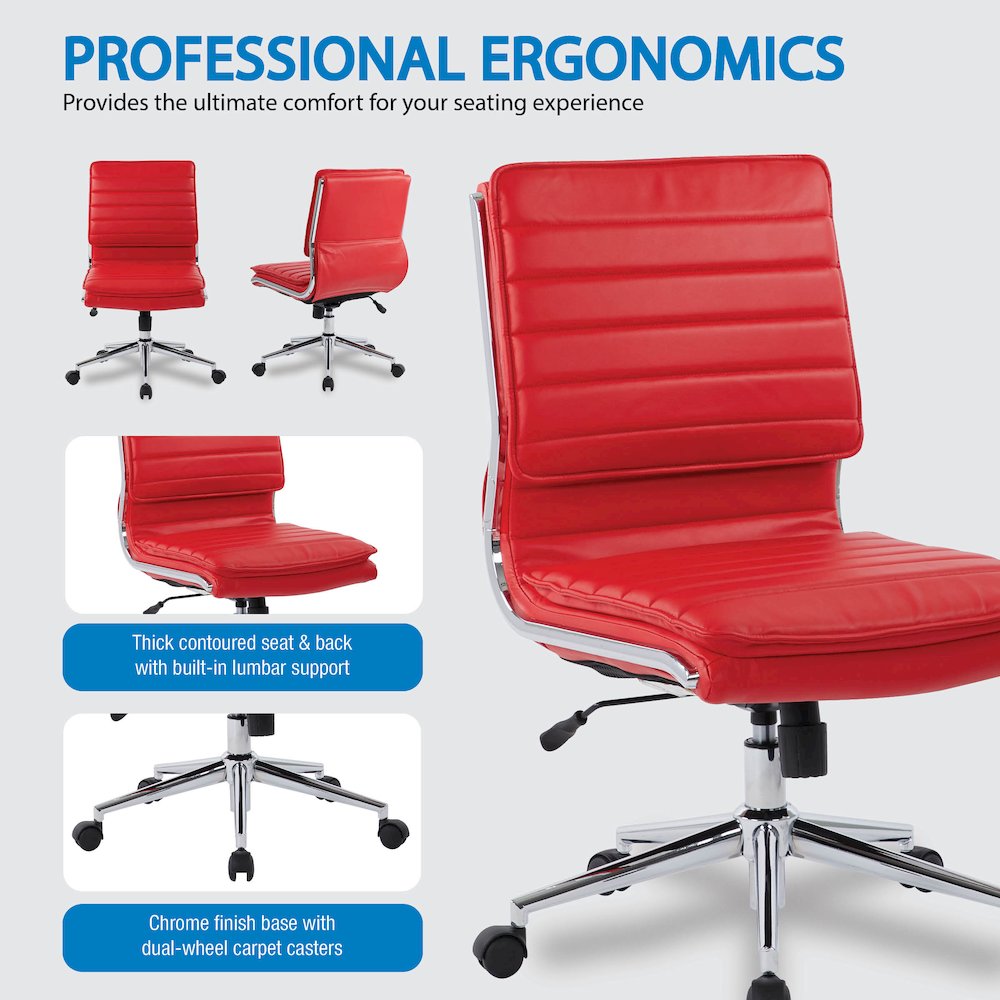 Armless Mid Back Manager's Faux Leather Chair in Red with Chrome Base.. Picture 9