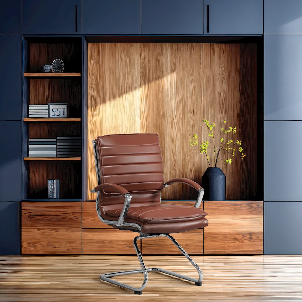Guest Faux Leather Chair in Saddle with Chrome Base, Removable Arms. Picture 2