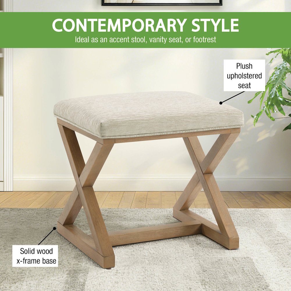 Carson X-Frame Stool in Linen Fabric and Medium Oak Finish Wood. Picture 11