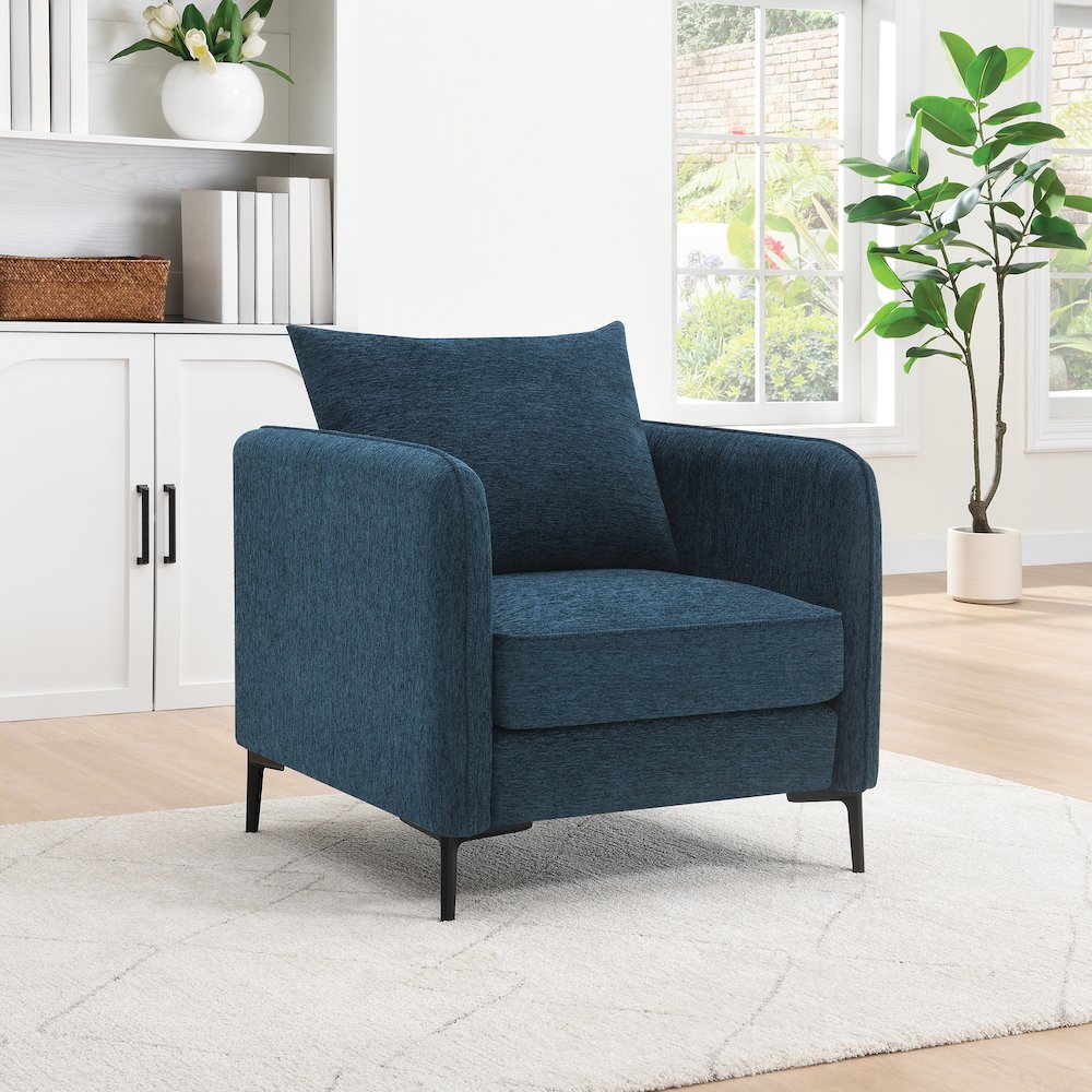 Newhaven Accent Chair in Navy Green Fabric with Black Metal Legs. Picture 2