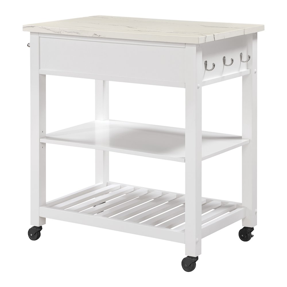 Litchfield Kitchen Cart With Faux Marble Top in White Finish. Picture 4