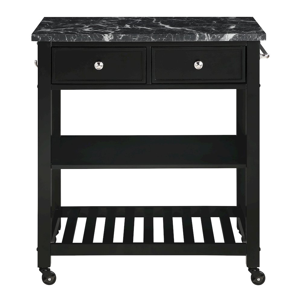 Litchfield Kitchen Cart With Faux Marble Top in Black Finish. Picture 2