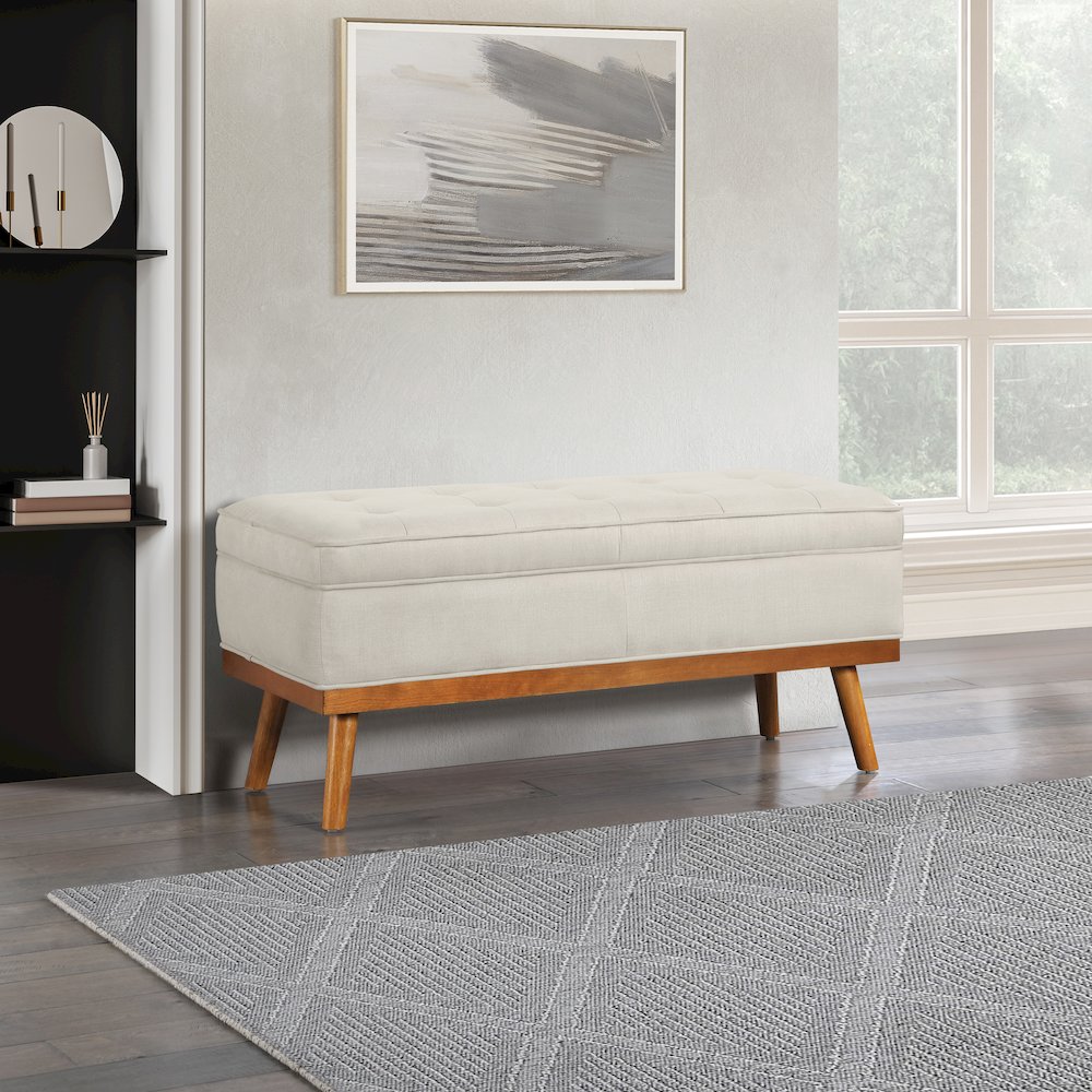 Katheryn Storage Bench in Wheat Fabric with Spice Finish Legs. Picture 6