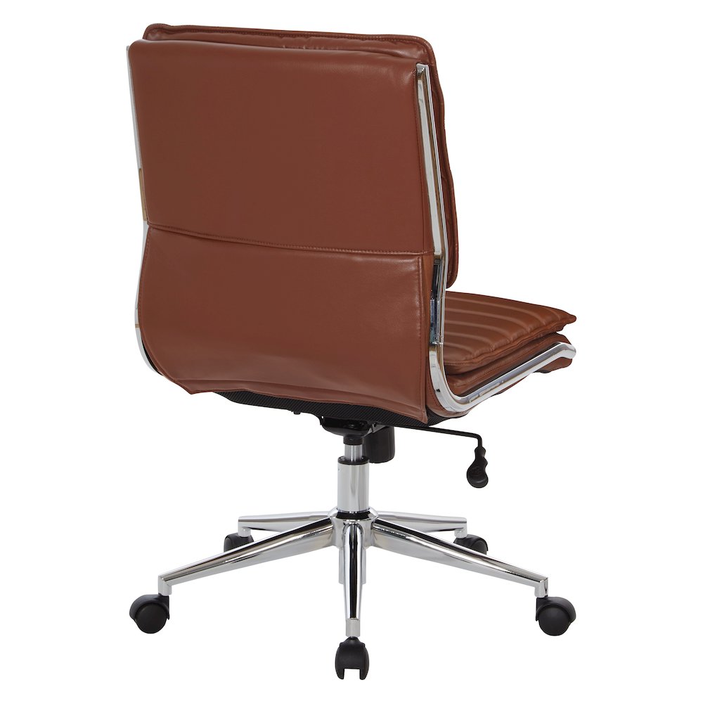 Armless Mid-Back Manager's Faux Leather Chair in Saddle, Chrome Base. Picture 5