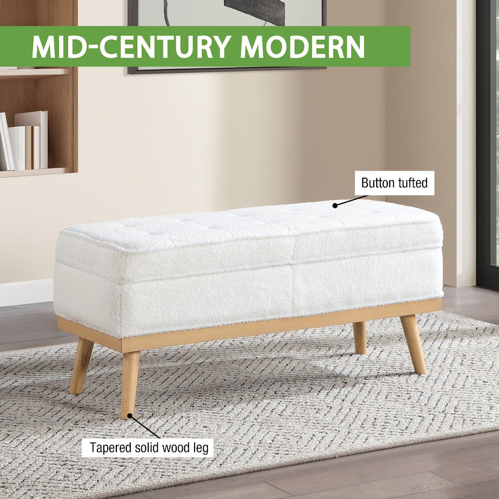 Katheryn Storage Bench in Ivory Sherpa Fabric with National Wood Legs. Picture 13