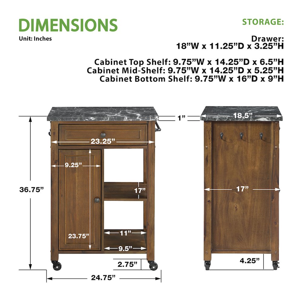 Fairmont Kitchen Cart With Faux Marble Top and Oak Finish Wood. Picture 8