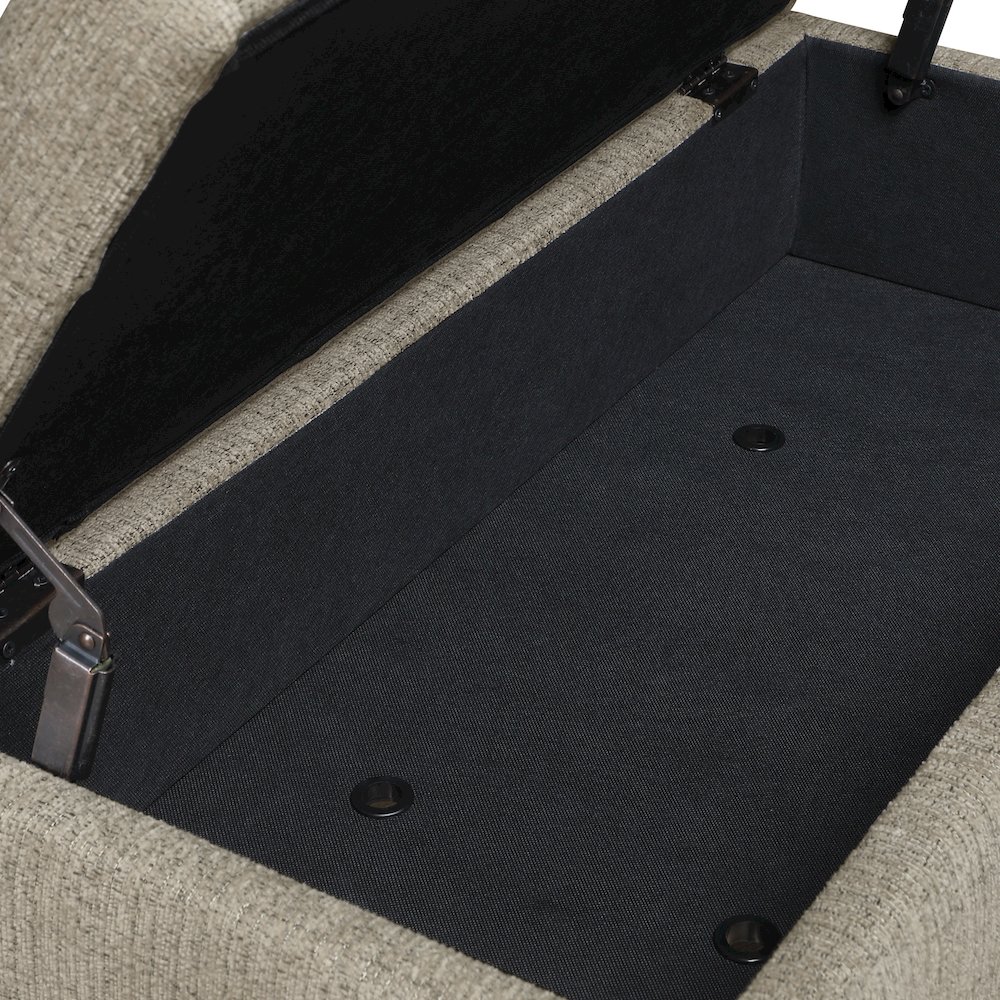 Woodbury Storage Bench in Linen with Antique Bronze Nail Heads with Brushed Legs. Picture 10