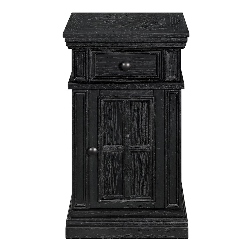 Chair Side Table with 1 Drawer and 1 Glass Door with Power Strip in Black Finish. Picture 3