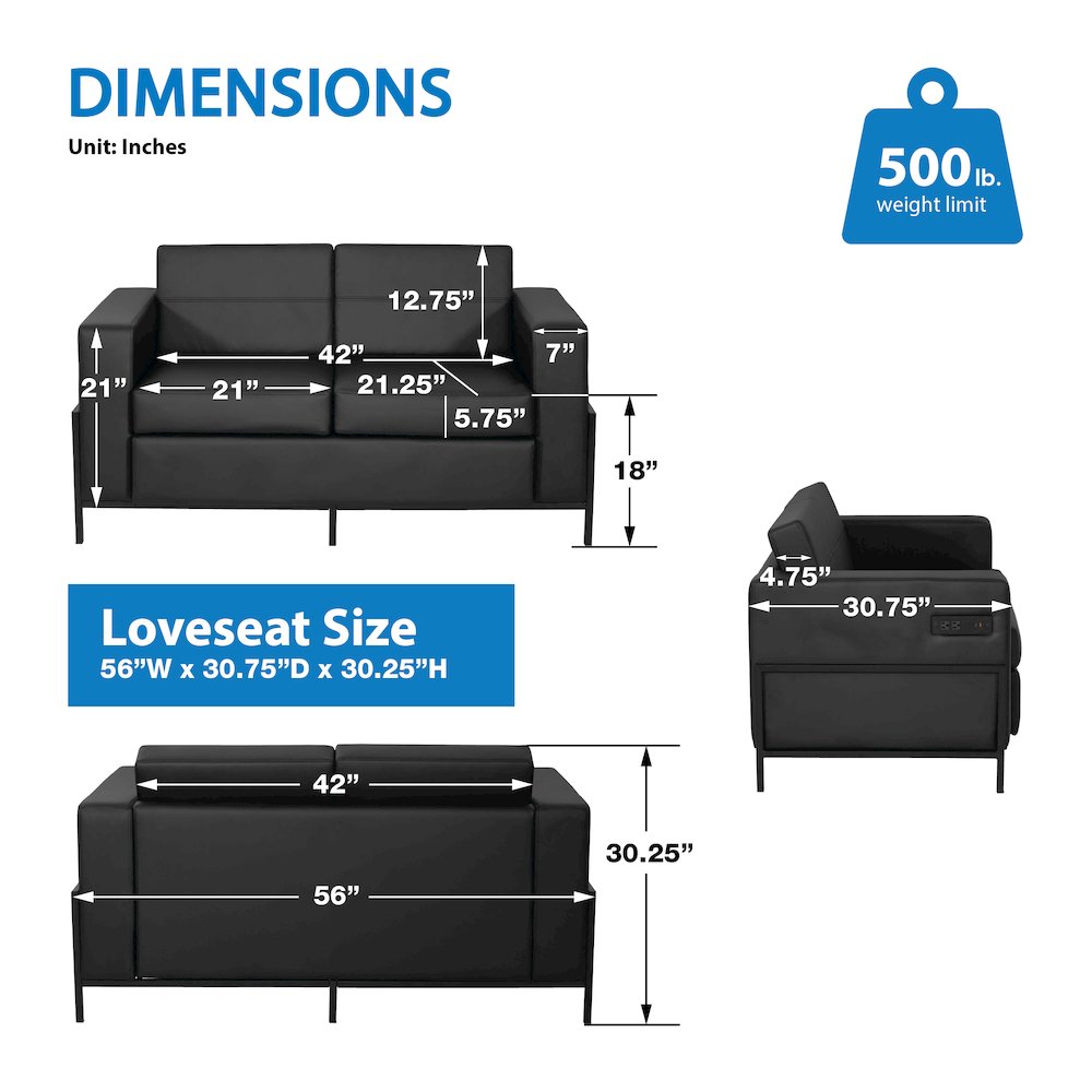 Arctic Loveseat in Black Faux Leather with USB and USB-C Charging Stations. Picture 3