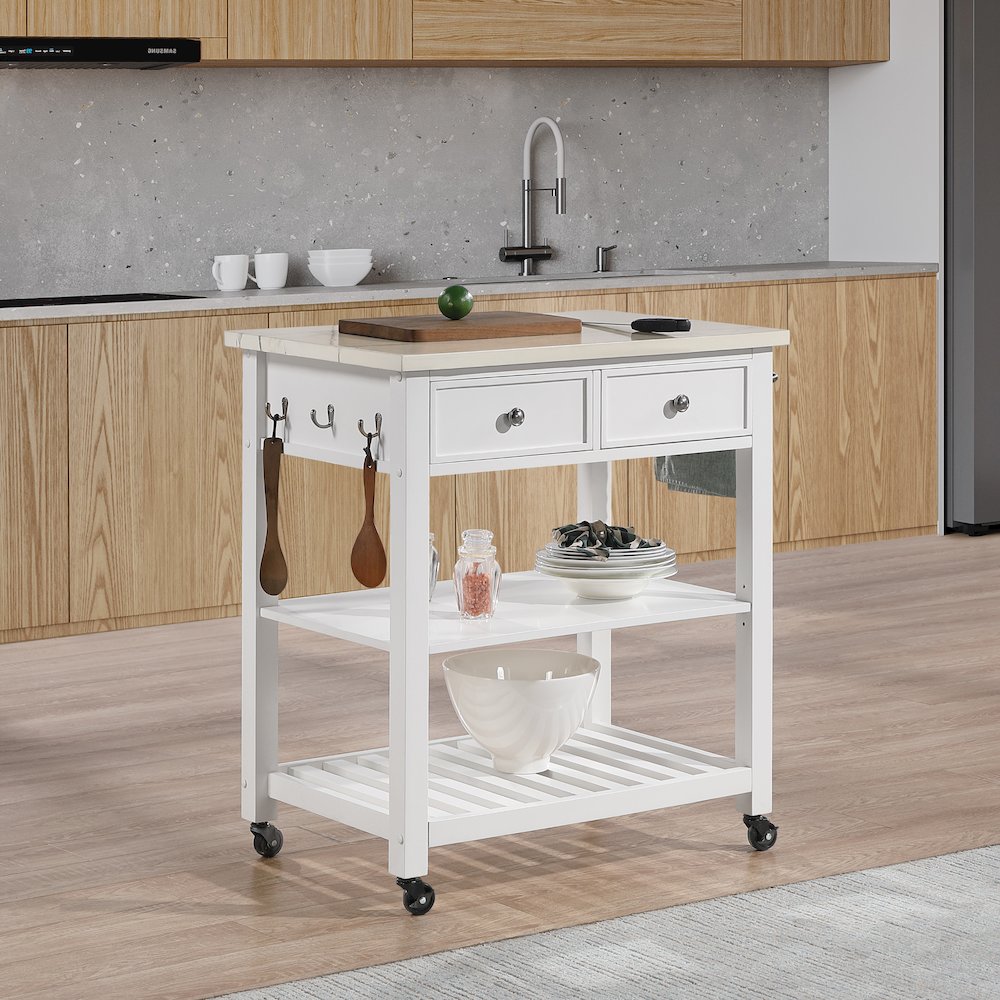 Litchfield Kitchen Cart With Faux Marble Top in White Finish. Picture 9
