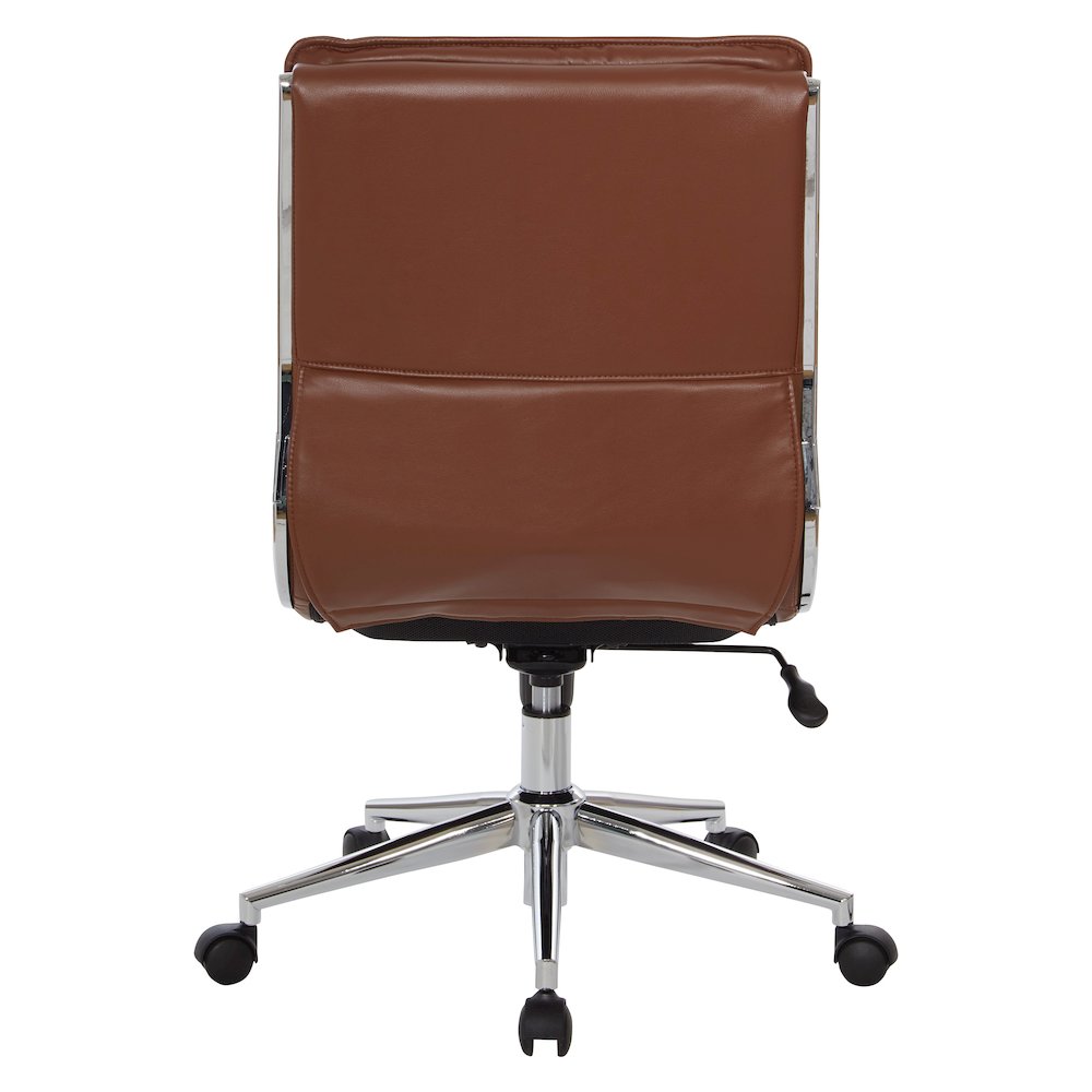 Armless Mid-Back Manager's Faux Leather Chair in Saddle, Chrome Base. Picture 6