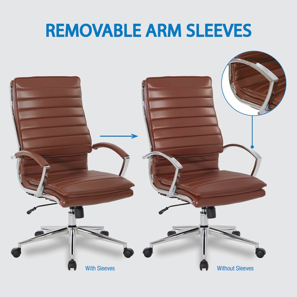 High-Back Manager's Chair in Saddle Faux Leather, Chrome Arms & Base. Picture 10