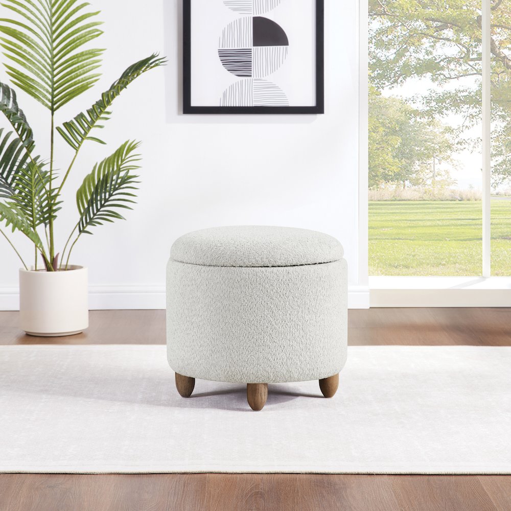 Lyra Storage Ottoman in Taupe Cord Fabric with Medium Oak Legs. Picture 5