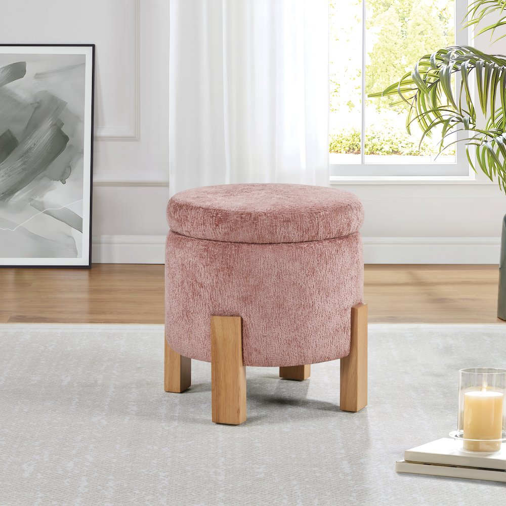 Annie Storage Ottoman in Rose Fabric with Natural Finish Legs. Picture 4