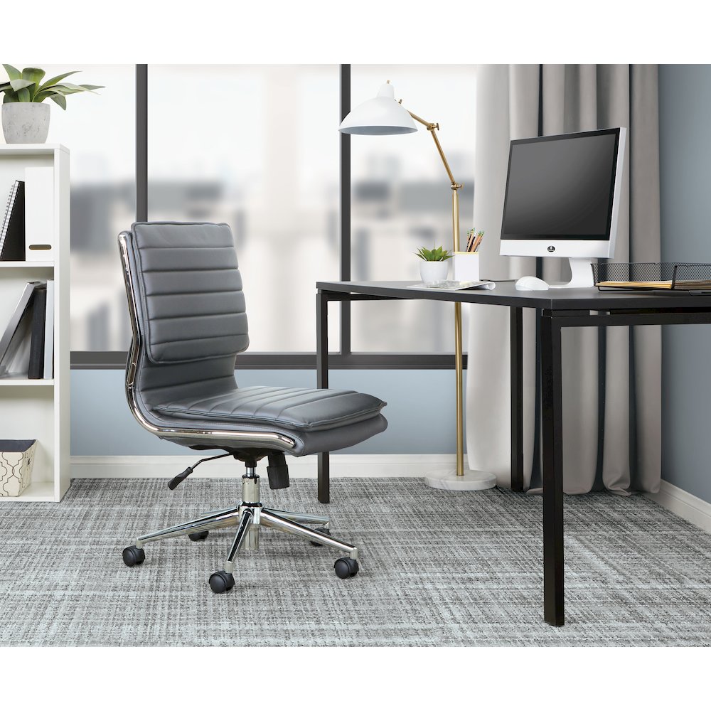 Armless Mid Back Manager's Faux Leather Chair in Charcoal with Chrome Base.. Picture 8