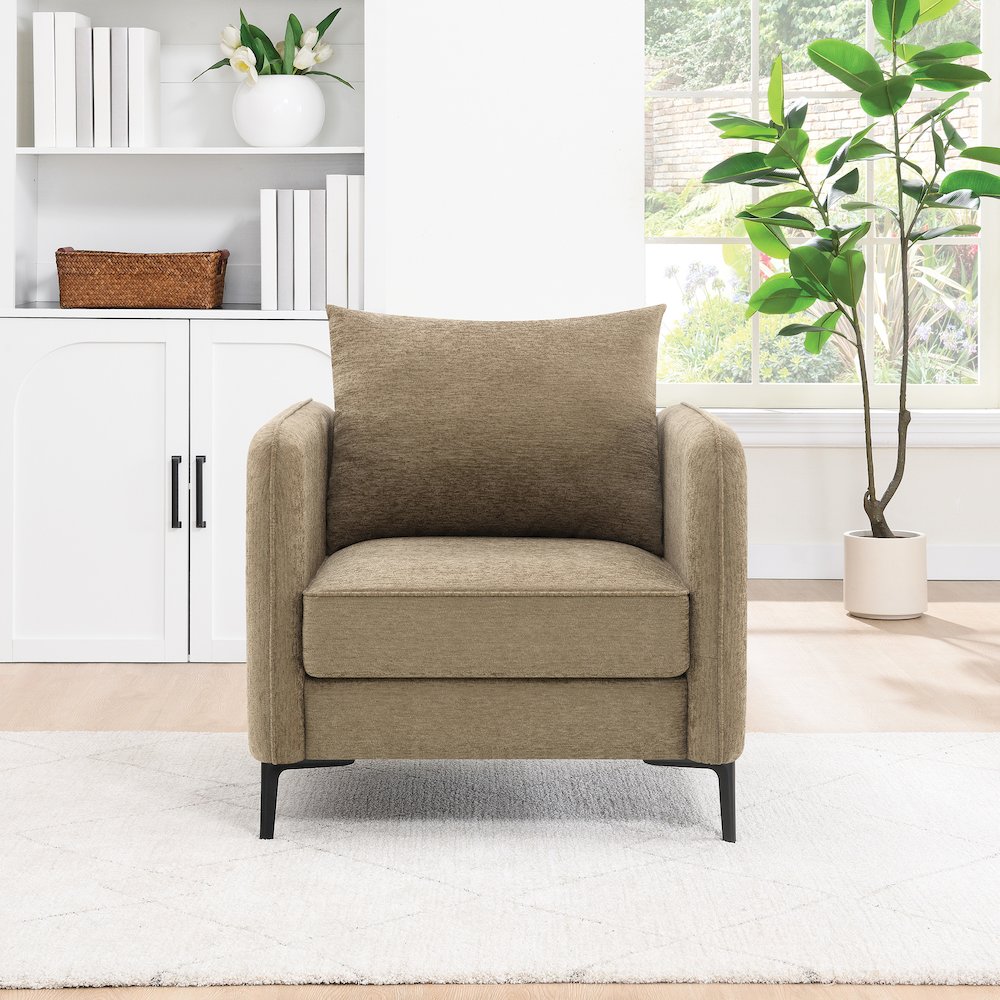 Newhaven Accent Chair in Taupe Fabric with Black Metal Legs. Picture 3