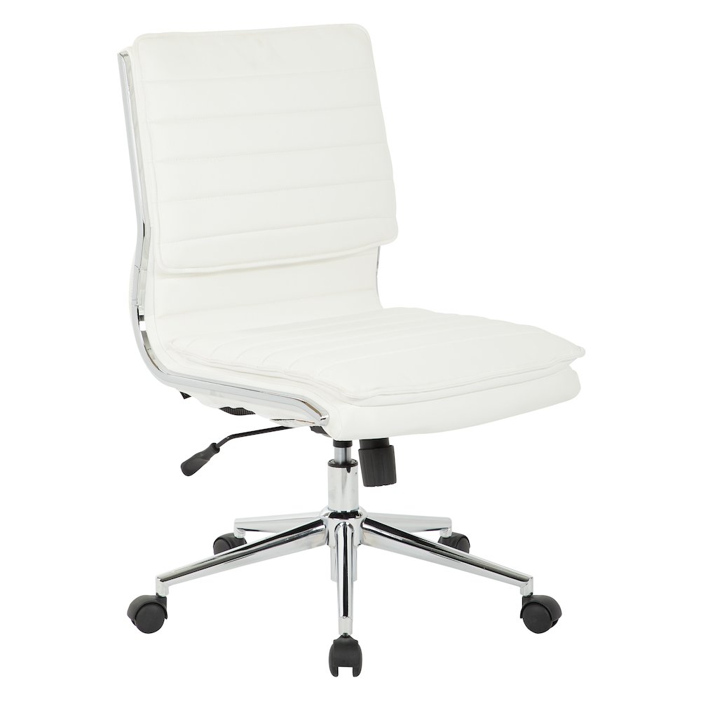 Armless Mid Back Manager's Faux Leather Chair in White with Chrome Base.. Picture 1