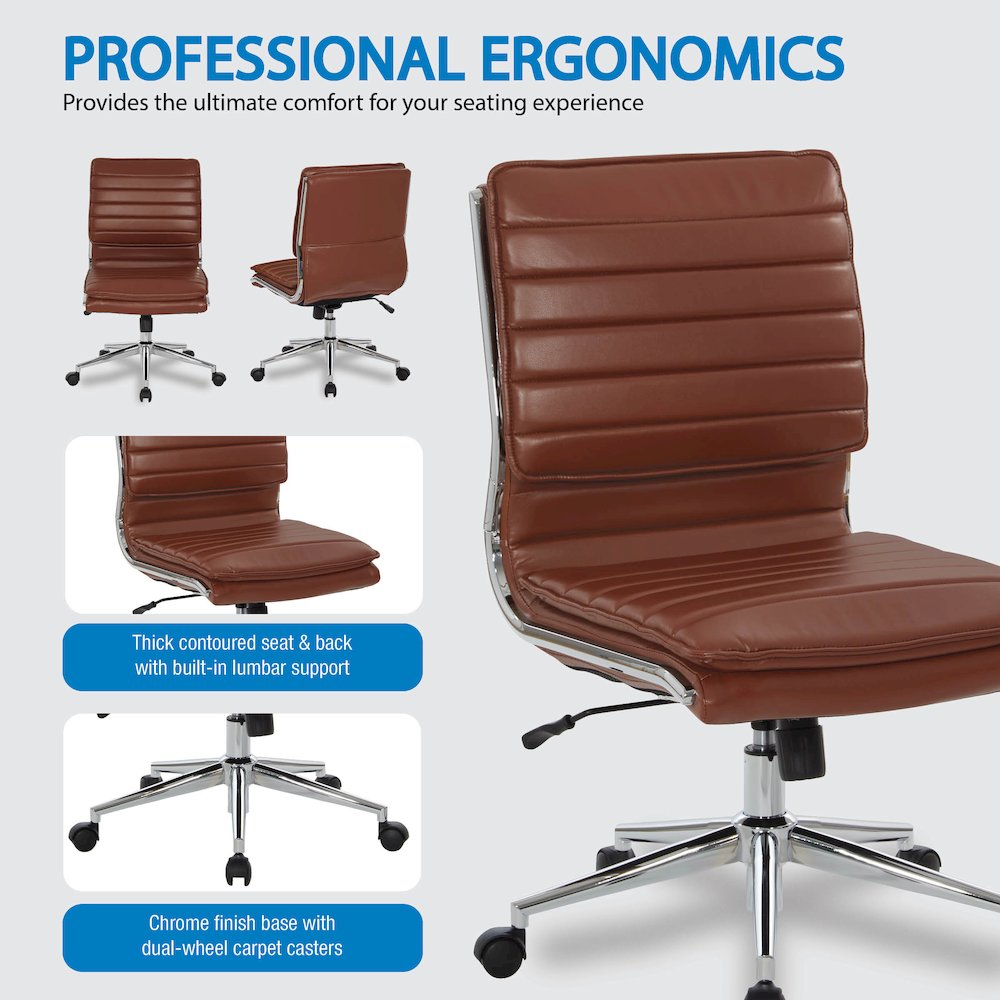 Armless Mid-Back Manager's Faux Leather Chair in Saddle, Chrome Base. Picture 8