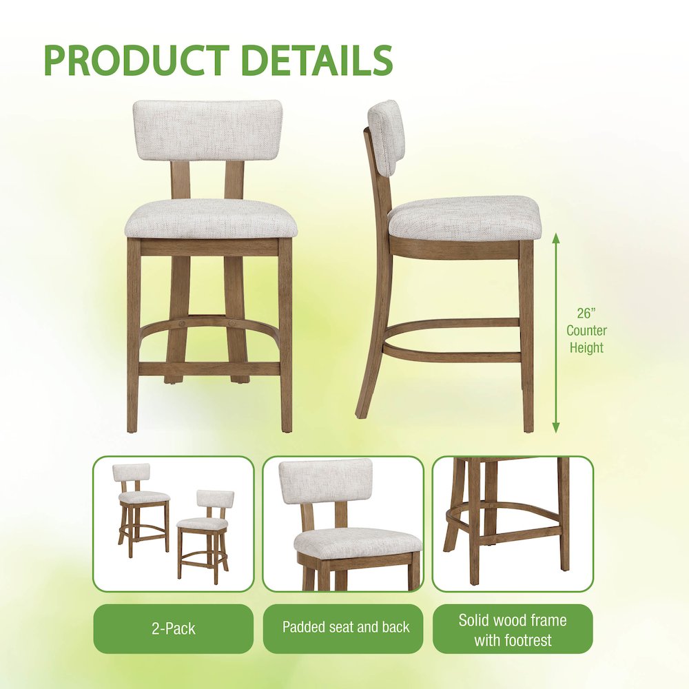 Hanson 26" Counter Stool with Linen Fabric and Medium Oak Wood, 2-Pack. Picture 10