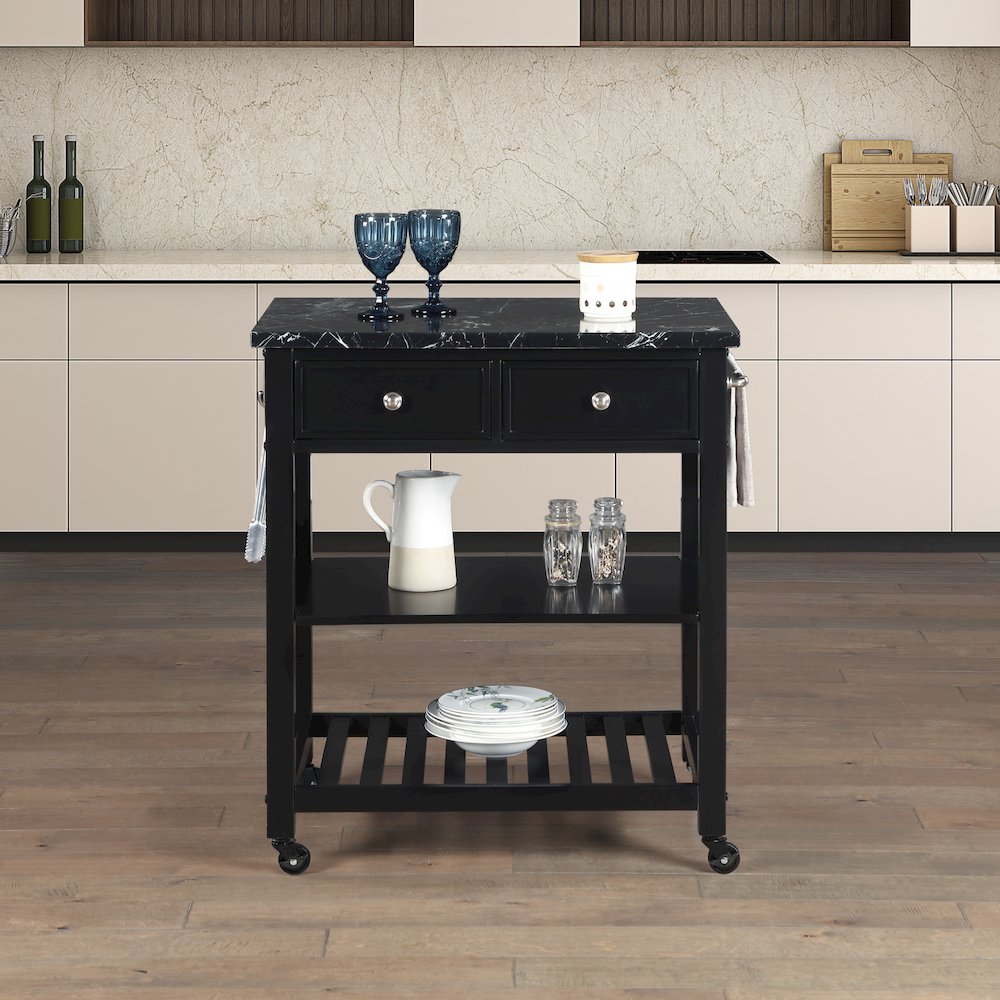 Litchfield Kitchen Cart With Faux Marble Top in Black Finish. Picture 10