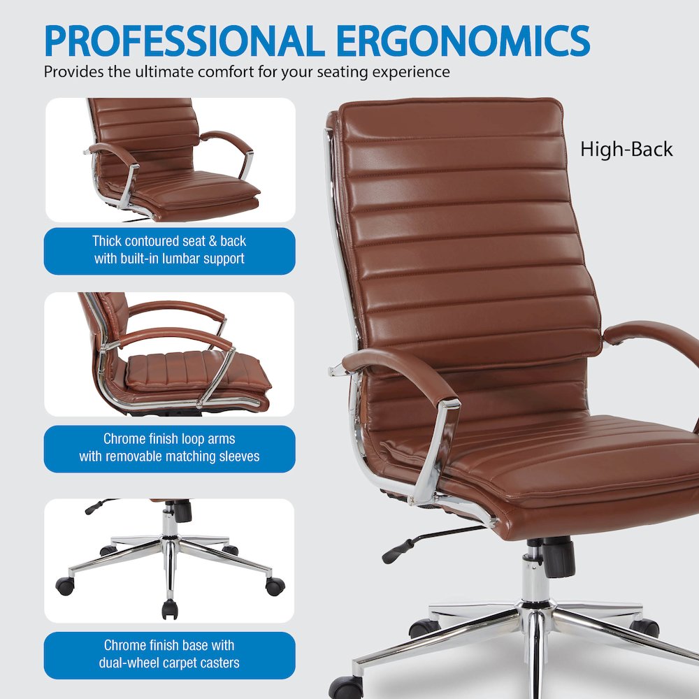 High-Back Manager's Chair in Saddle Faux Leather, Chrome Arms & Base. Picture 9