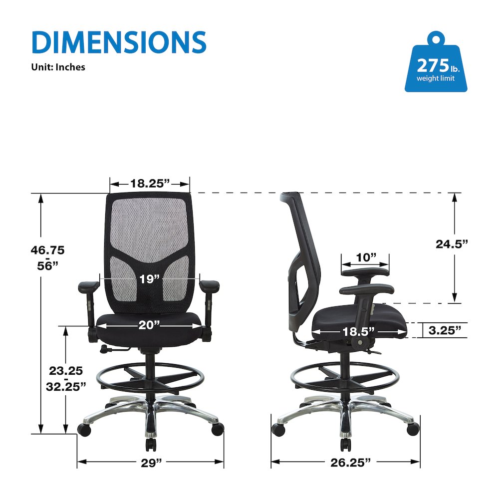 ProGrid Mesh Back Drafting Chair in  FreFlex Coal Fabric with Padded Seat. Picture 8