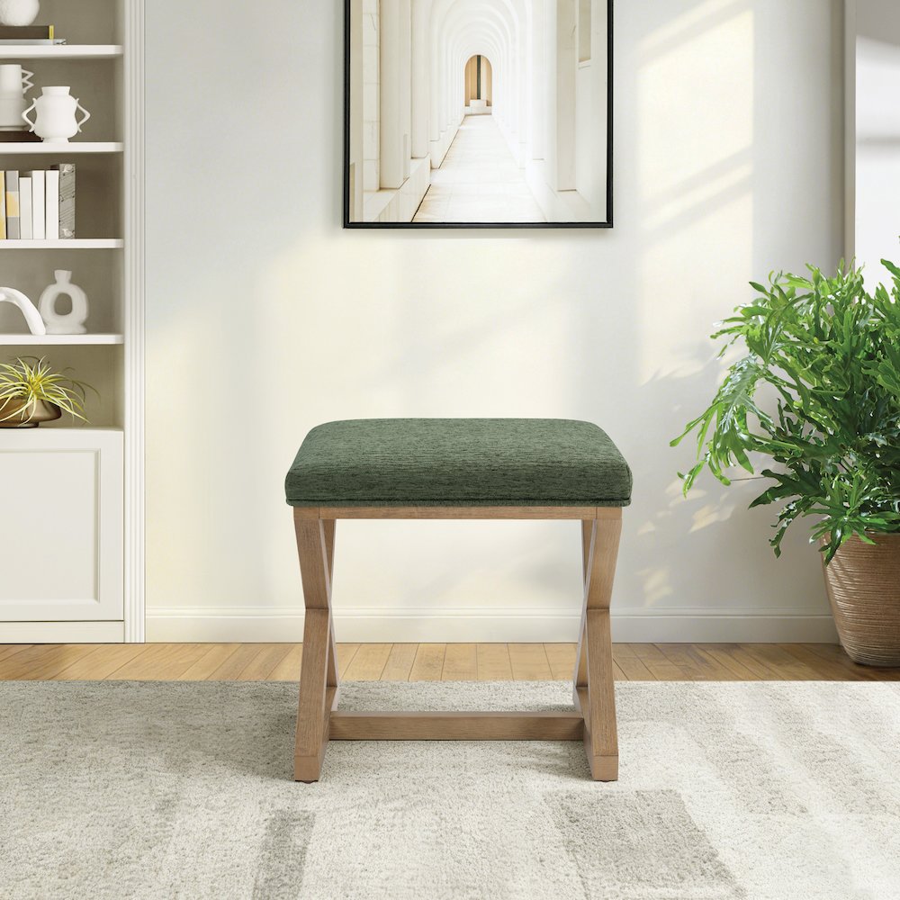 Carson X-Frame Stool in Pine Fabric and Medium Oak Finish Wood. Picture 8