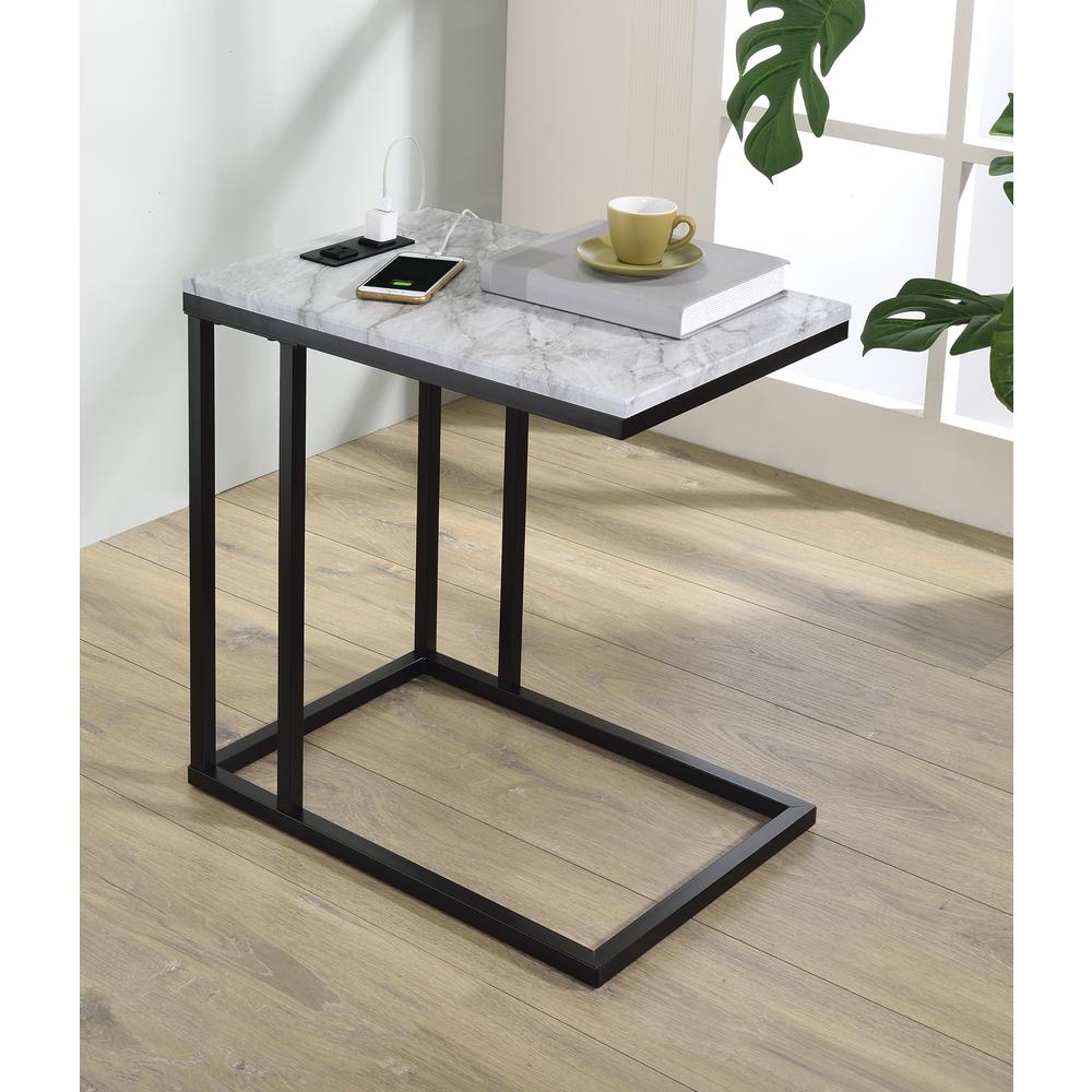 Norwich C-Table with Black Base and White Marble Top Including Built in Power Port, NRWWM-BLK. Picture 5