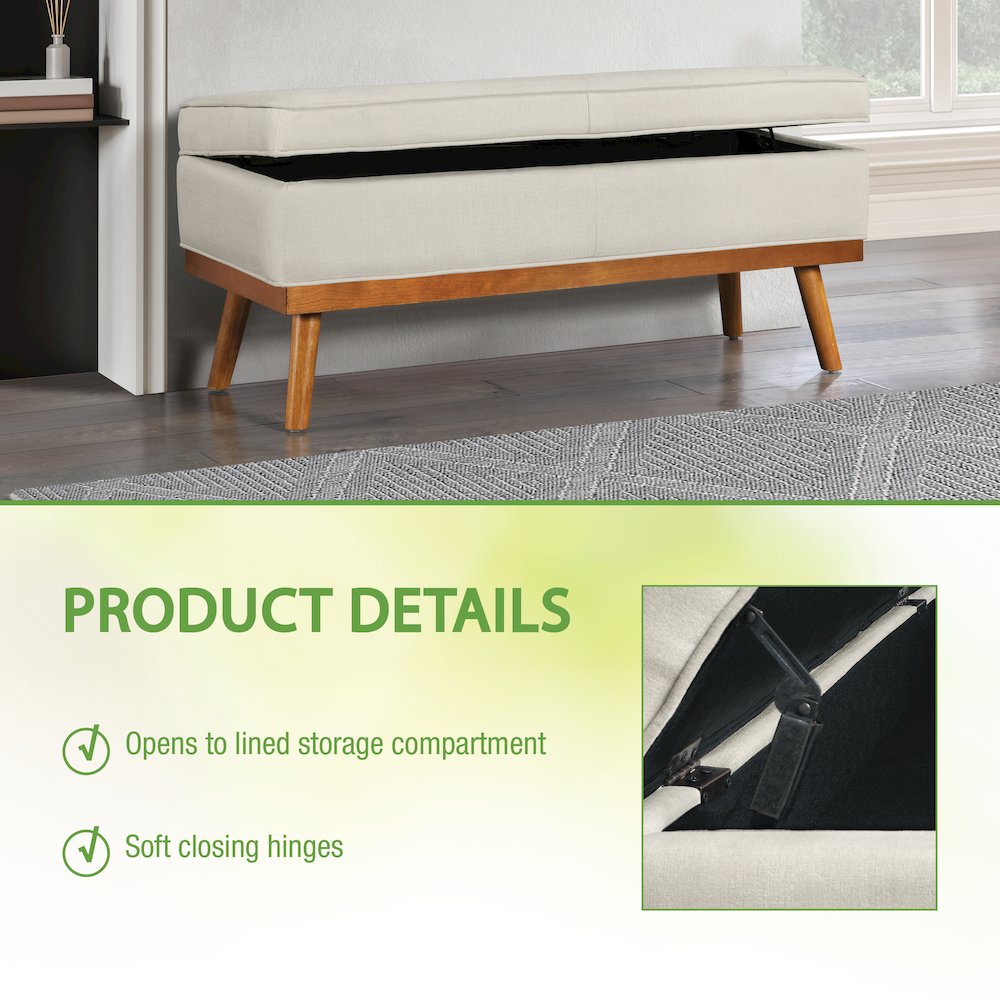 Katheryn Storage Bench in Wheat Fabric with Spice Finish Legs. Picture 9