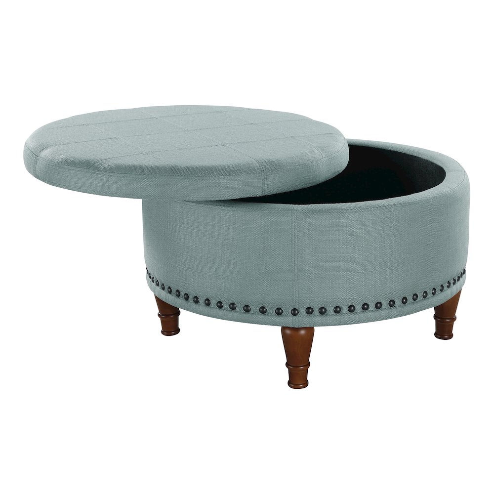Alloway Storage Ottoman in Sea Blue Fabric with Antique Bronze Nailheads. Picture 2