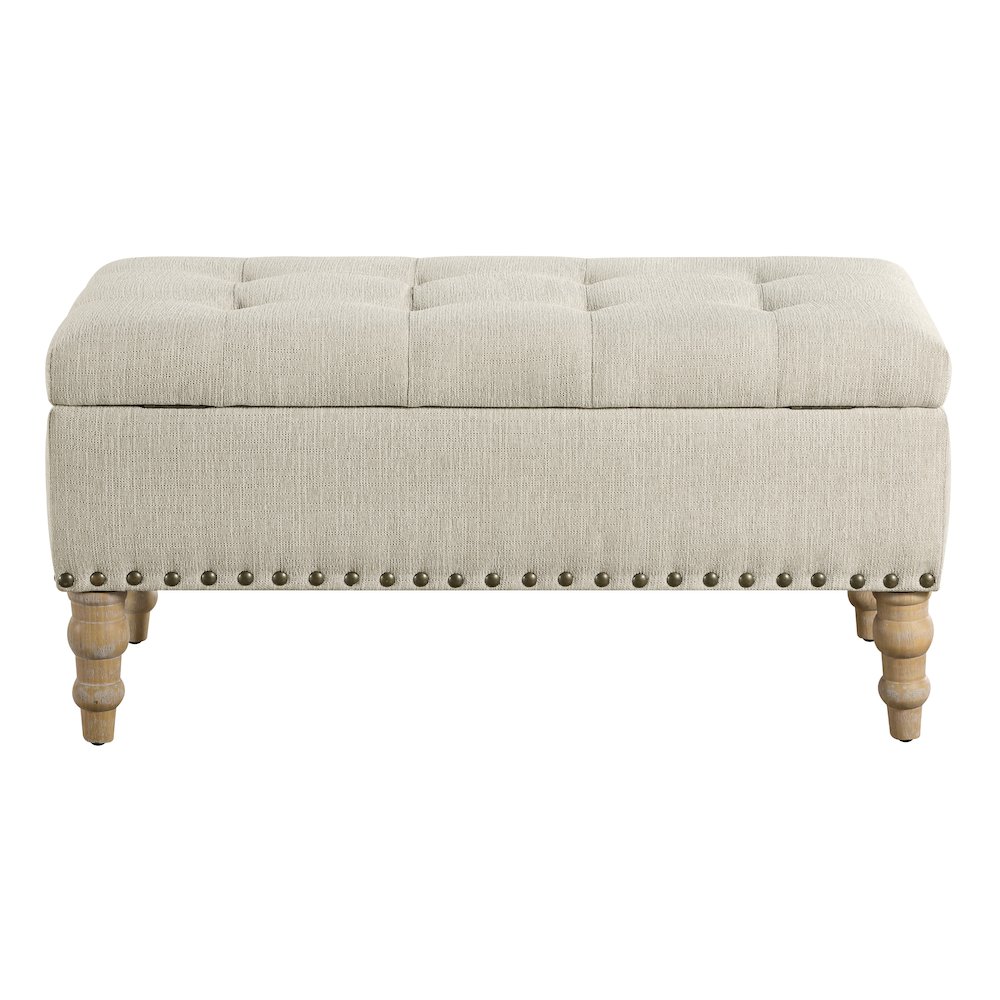 Woodbury Storage Bench in Linen with Antique Bronze Nail Heads with Brushed Legs. Picture 6
