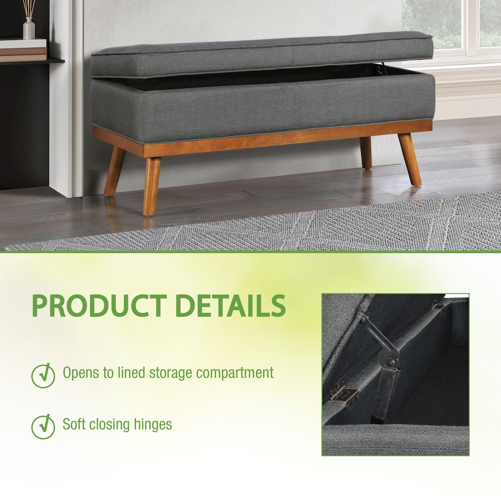Katheryn Storage Bench in Charcoal Fabric with Spice Finish Legs. Picture 9