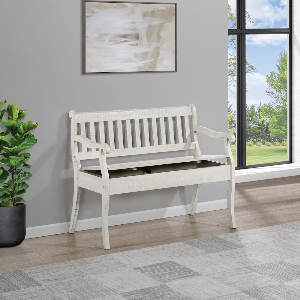 Wakefield Entryway Storage Bench in Destressed White Finish. Picture 6