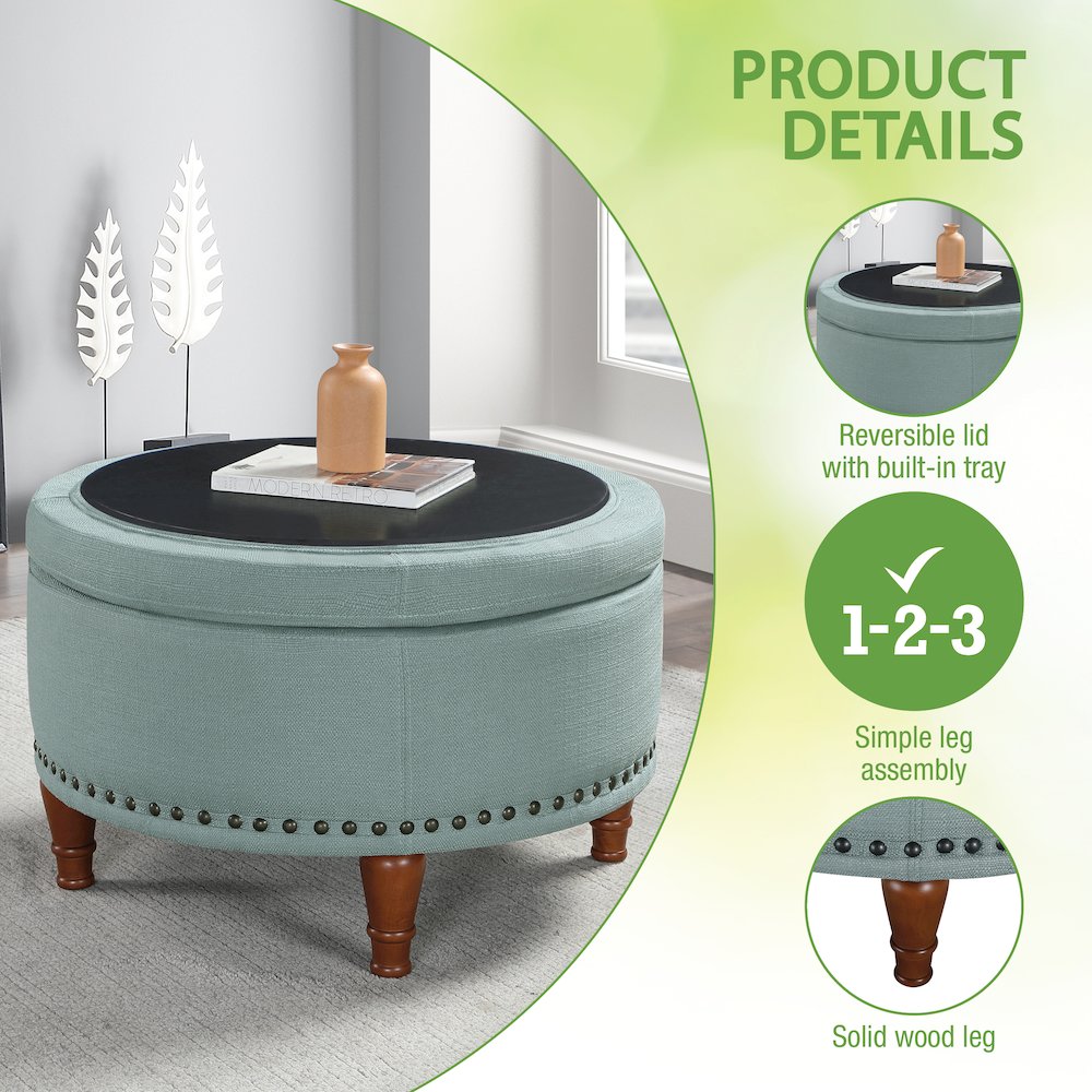 Alloway Storage Ottoman in Sea Blue Fabric with Antique Bronze Nailheads. Picture 7