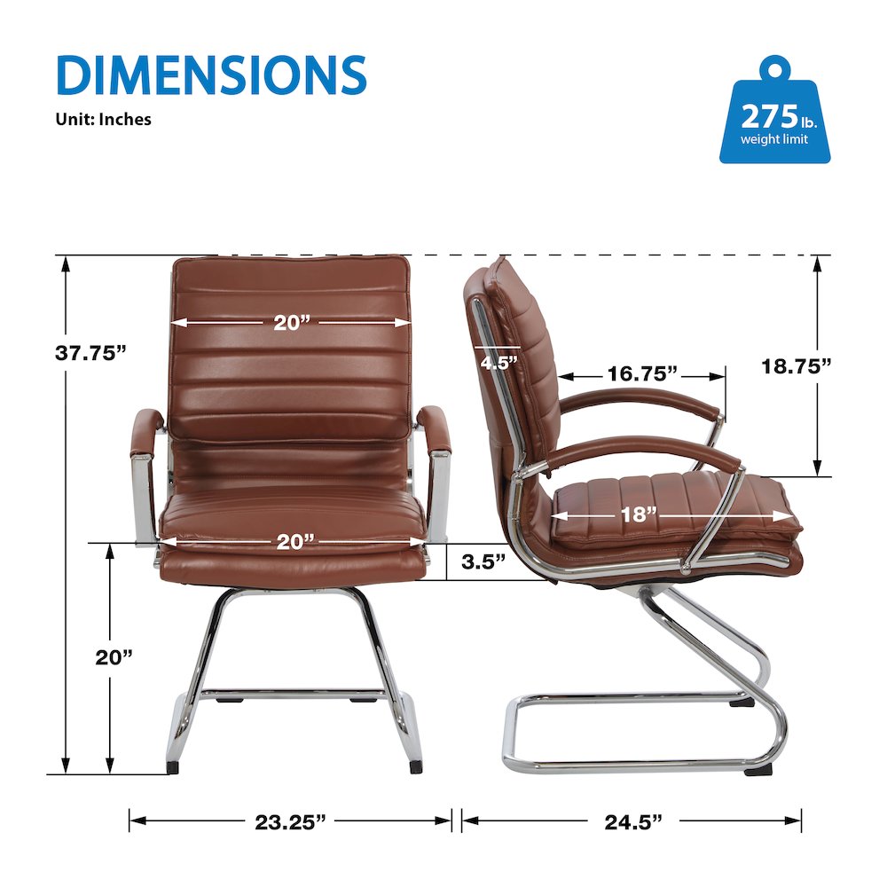Guest Faux Leather Chair in Saddle with Chrome Base, Removable Arms. Picture 10