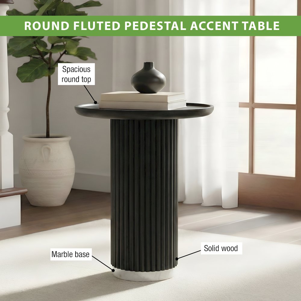 Round Solid Wood Pedestal Fluted Accent Table in Black Finish. Picture 5