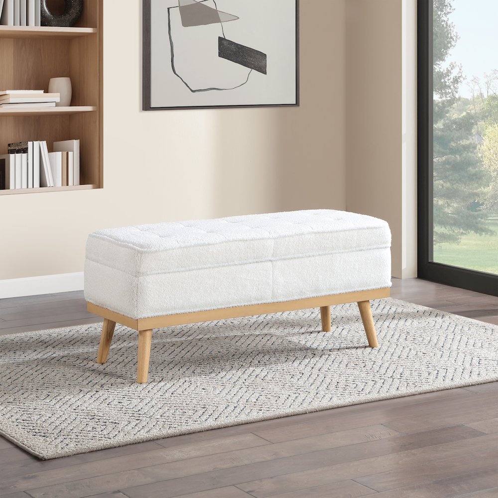 Katheryn Storage Bench in Ivory Sherpa Fabric with National Wood Legs. Picture 8