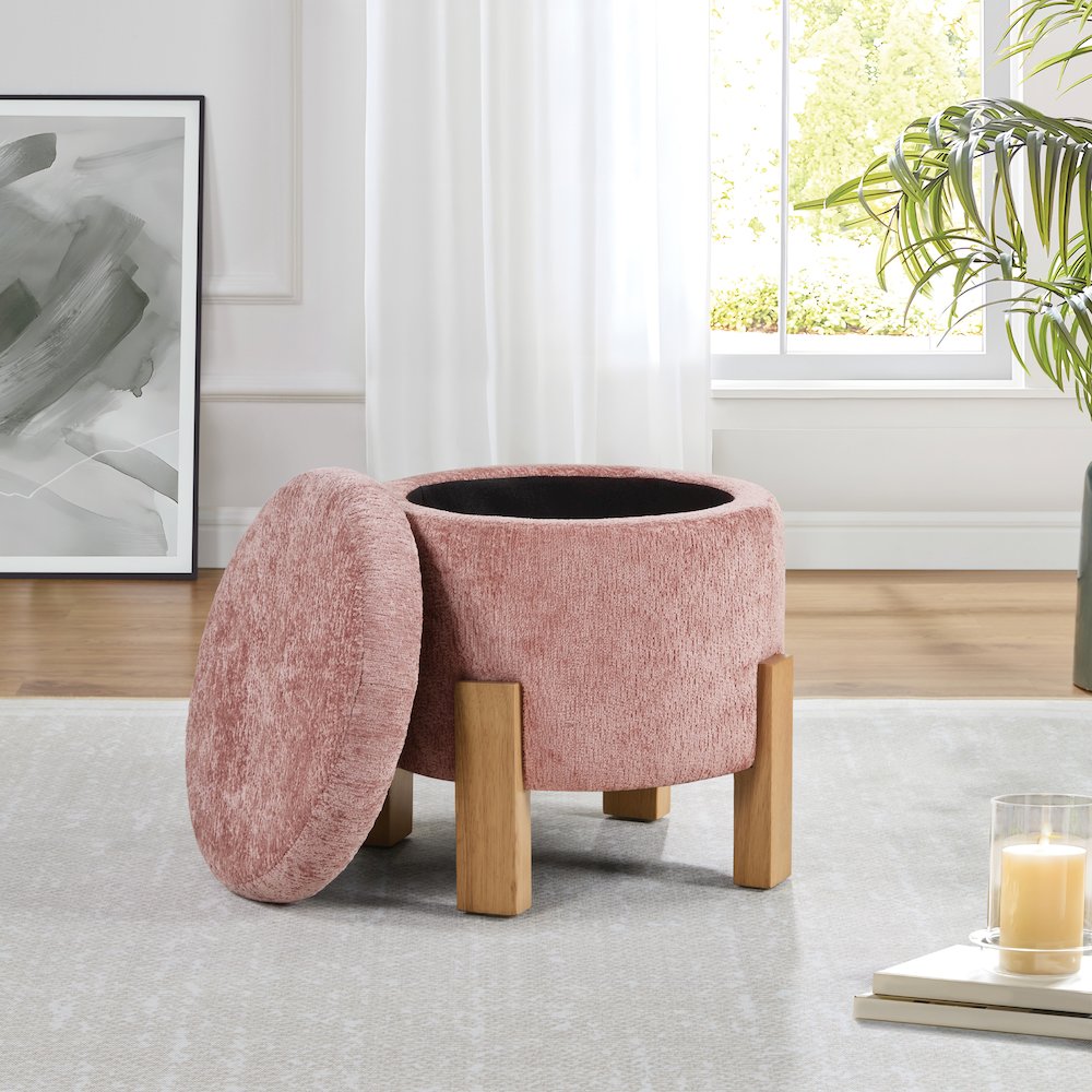 Annie Storage Ottoman in Rose Fabric with Natural Finish Legs. Picture 5